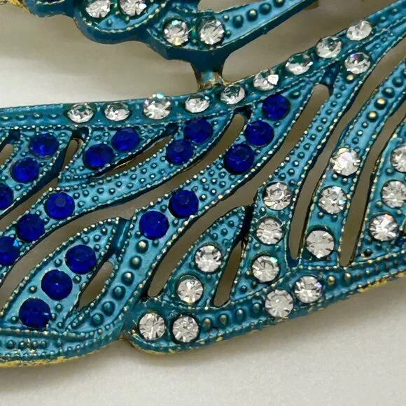 Dragonfly Brooch Articulated Tail Blue Teal Rhinestones Statement 5 inch wide - Picture 10 of 16